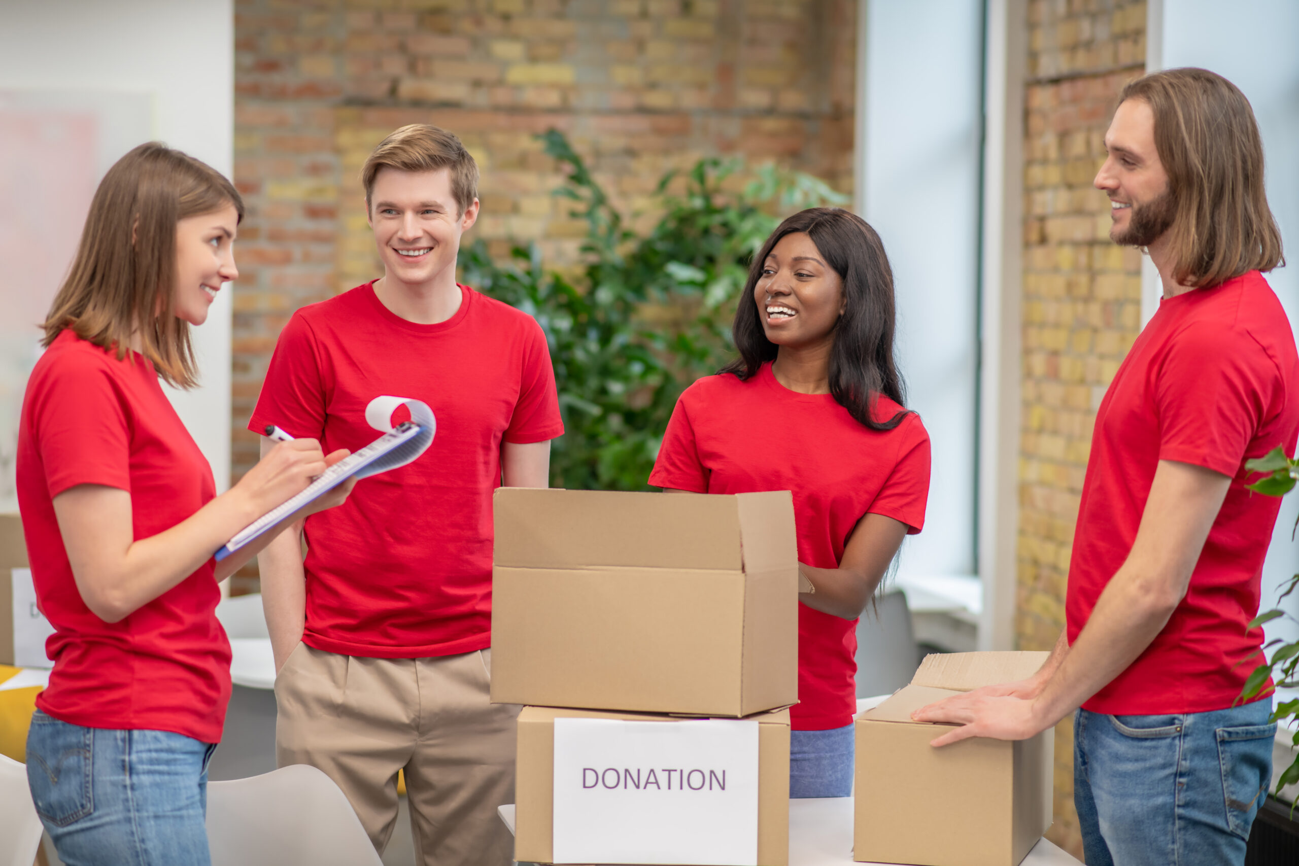 Distribution point. A group of young volunteers at work in a distribution point